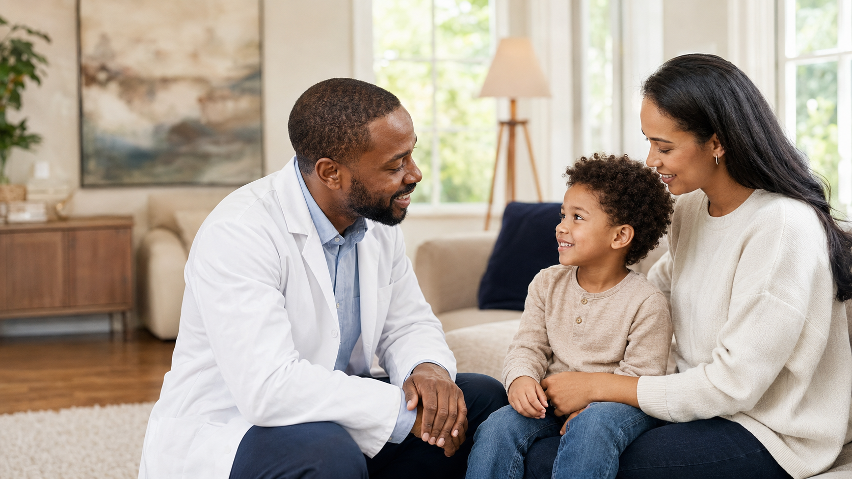 Pediatrician talking with a parent and child during a comfortable home visit